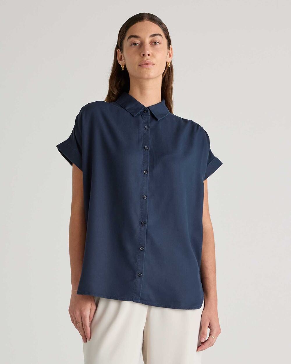 Quince Blue Vintage Wash Tencel Short Sleeve Button Up Shirt XL